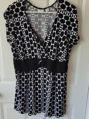 Cato Black & White Geometric Belted Midi Dress